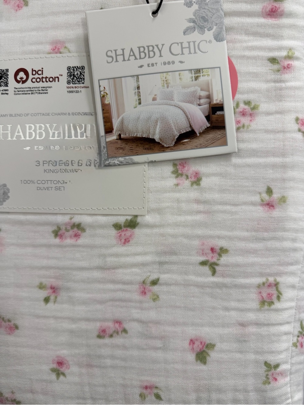Shabby Chic Pink 3 PC King Gauze Duvet Set Pink Rose with Ruffles ~ Matching Bag - Picture 10 of 16